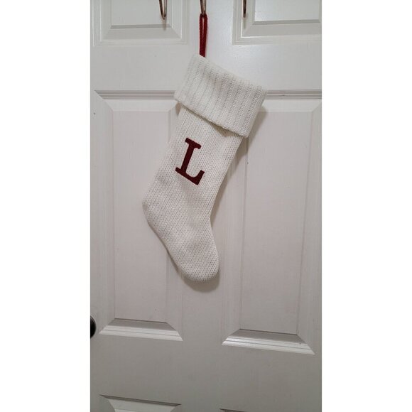 Hand-Knit White Christmas Stocking With Red "L" Initial - Picture 2 of 5